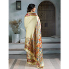 Generic Women's Satin Crepe Printed Saree With Unstitched Blouse 5.5Mtr (Cream)