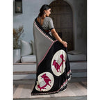 Generic Women's Satin Crepe Printed Saree With Unstitched Blouse 5.5Mtr (Black)