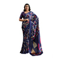  Women's Satin Crepe Printed Saree With Unstitched Blouse 5.5Mtr (Navy Blue)