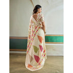 Generic Women's Satin Crepe Printed Saree With Unstitched Blouse 5.5Mtr (Off White)