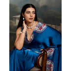 Generic Women's Satin Crepe Printed Saree With Unstitched Blouse 5.5Mtr (Blue)