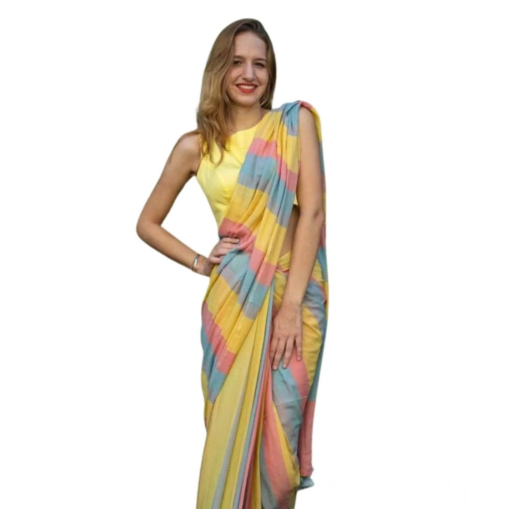 Generic Women's Linen Printed Saree With Unstitched Blouse 5.5MtrÂ (Multicolor)