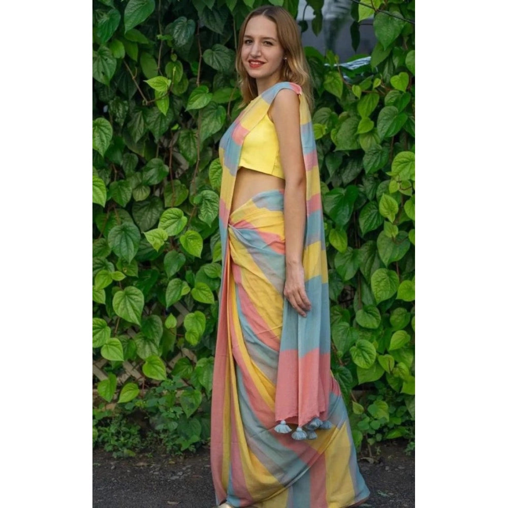 Generic Women's Linen Printed Saree With Unstitched Blouse 5.5MtrÂ (Multicolor)