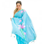 Generic Women's Linen Printed Saree With Unstitched Blouse 5.5MtrÂ (light Blue)