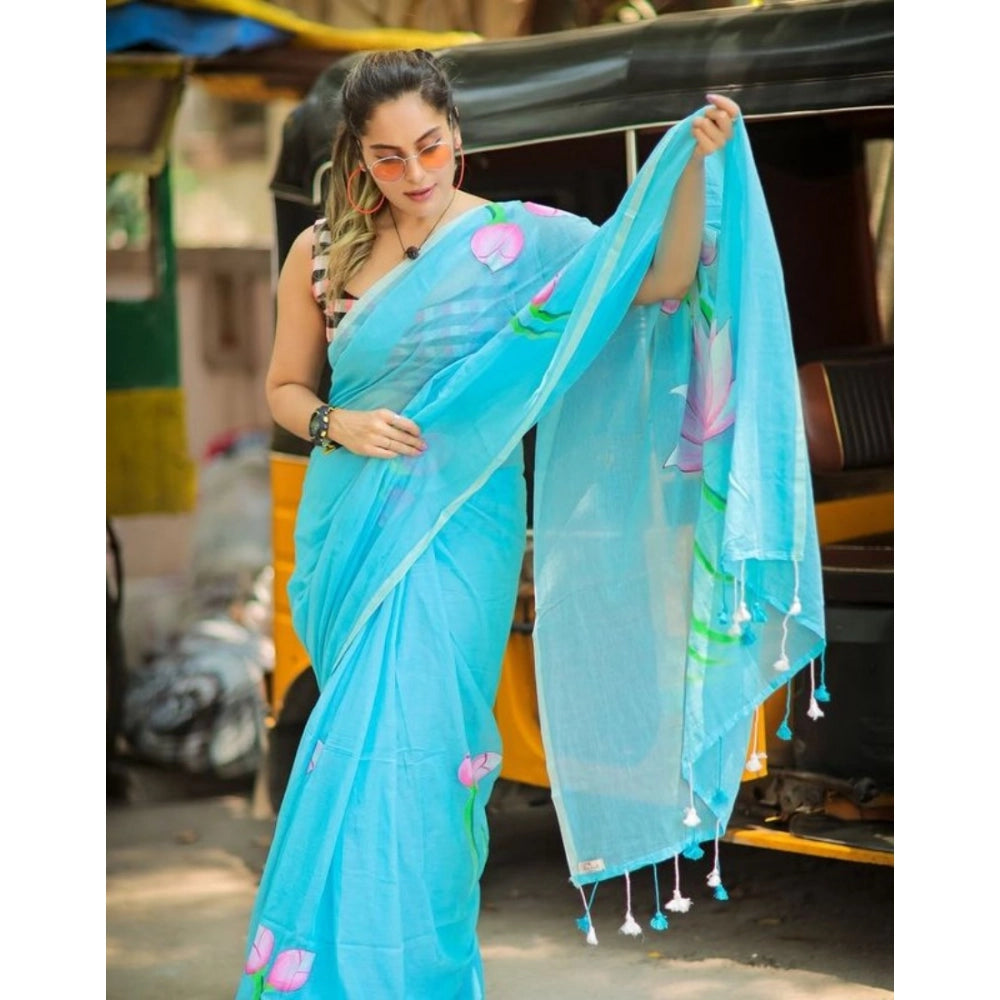 Generic Women's Linen Printed Saree With Unstitched Blouse 5.5MtrÂ (light Blue)