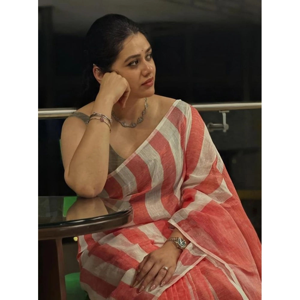Generic Women's Linen Printed Saree With Unstitched Blouse 5.5MtrÂ (Multicolor)