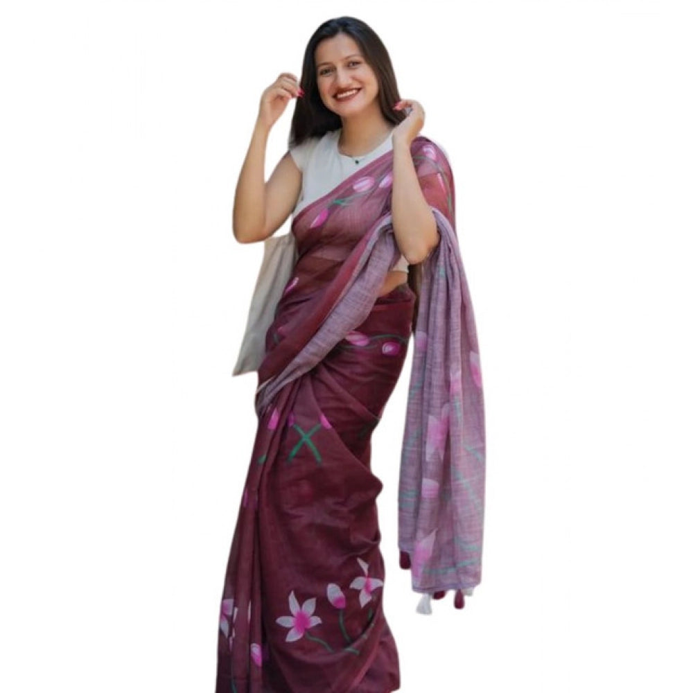 Generic Women's Linen Printed Saree With Unstitched Blouse 5.5MtrÂ (Brown)