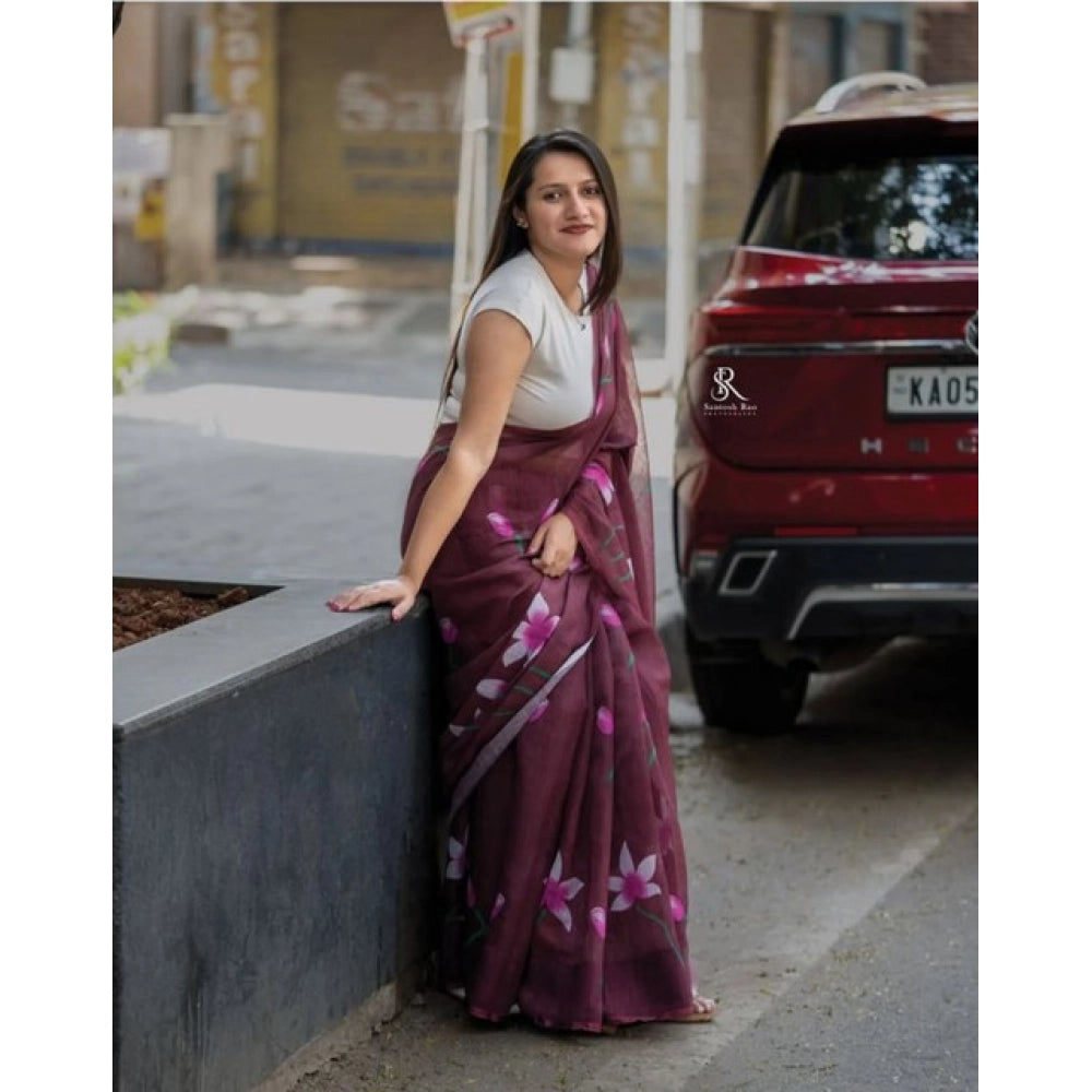 Generic Women's Linen Printed Saree With Unstitched Blouse 5.5MtrÂ (Brown)