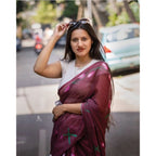 Generic Women's Linen Printed Saree With Unstitched Blouse 5.5MtrÂ (Brown)