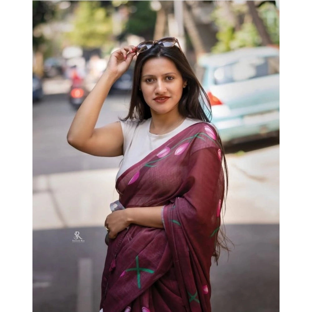 Generic Women's Linen Printed Saree With Unstitched Blouse 5.5MtrÂ (Brown)