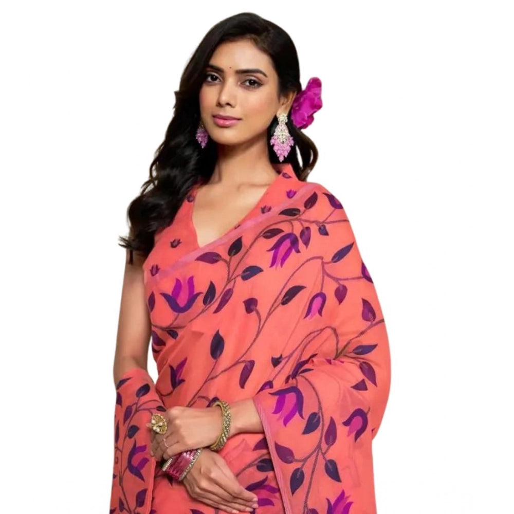Generic Women's Georgette Printed Saree With Unstitched Blouse 5.5MtrÂ (Peach)