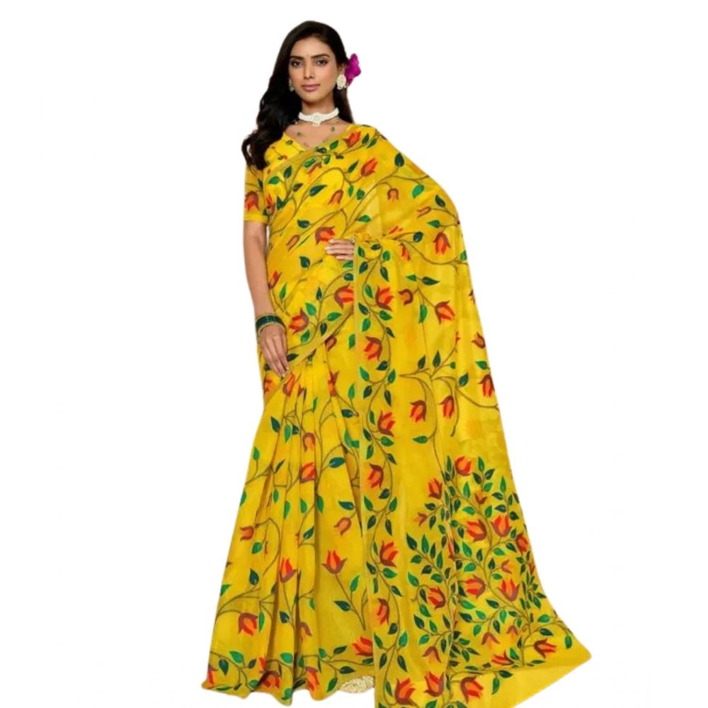 Generic Women's Georgette Printed Saree With Unstitched Blouse 5.5MtrÂ (Yellow)