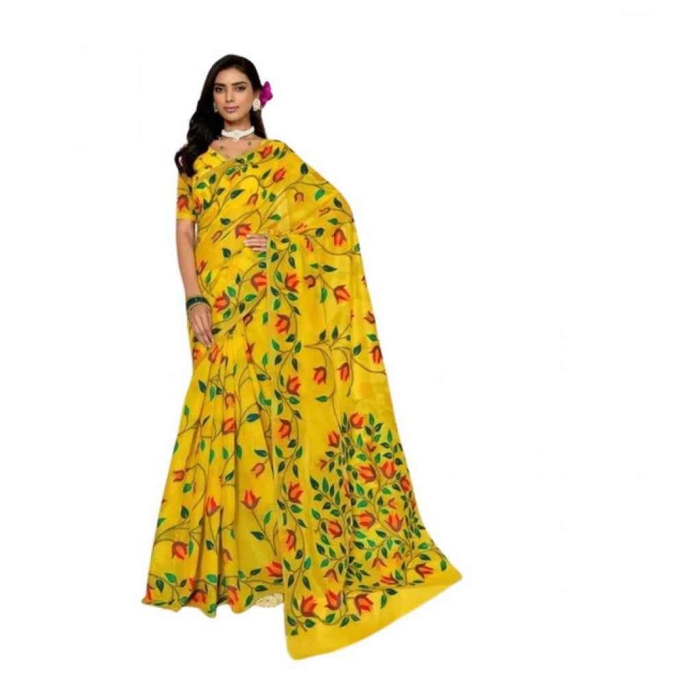 Generic Women's Georgette Printed Saree With Unstitched Blouse 5.5MtrÂ (Yellow)
