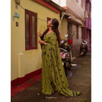 Generic Women's Linen Printed Saree With Unstitched Blouse 5.5MtrÂ (Green)