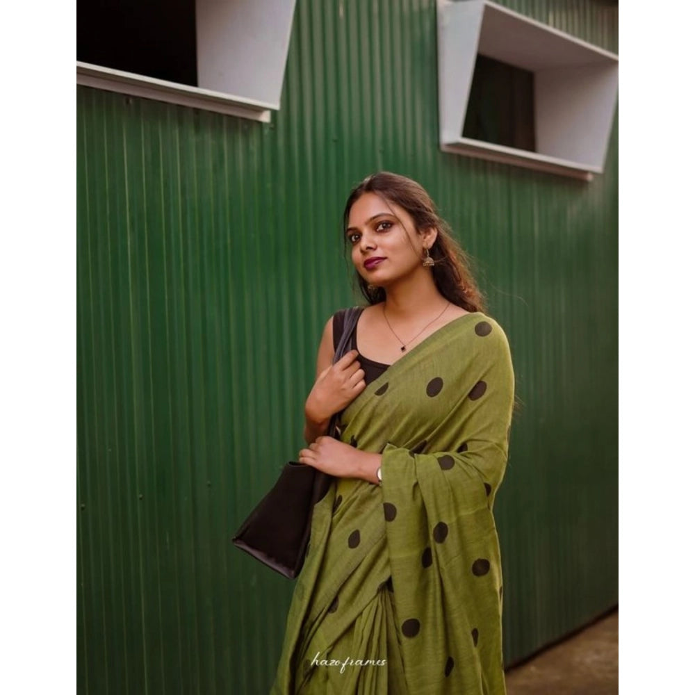 Generic Women's Linen Printed Saree With Unstitched Blouse 5.5MtrÂ (Green)