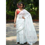 Generic Women's Linen Printed Saree With Unstitched Blouse 5.5MtrÂ (White)