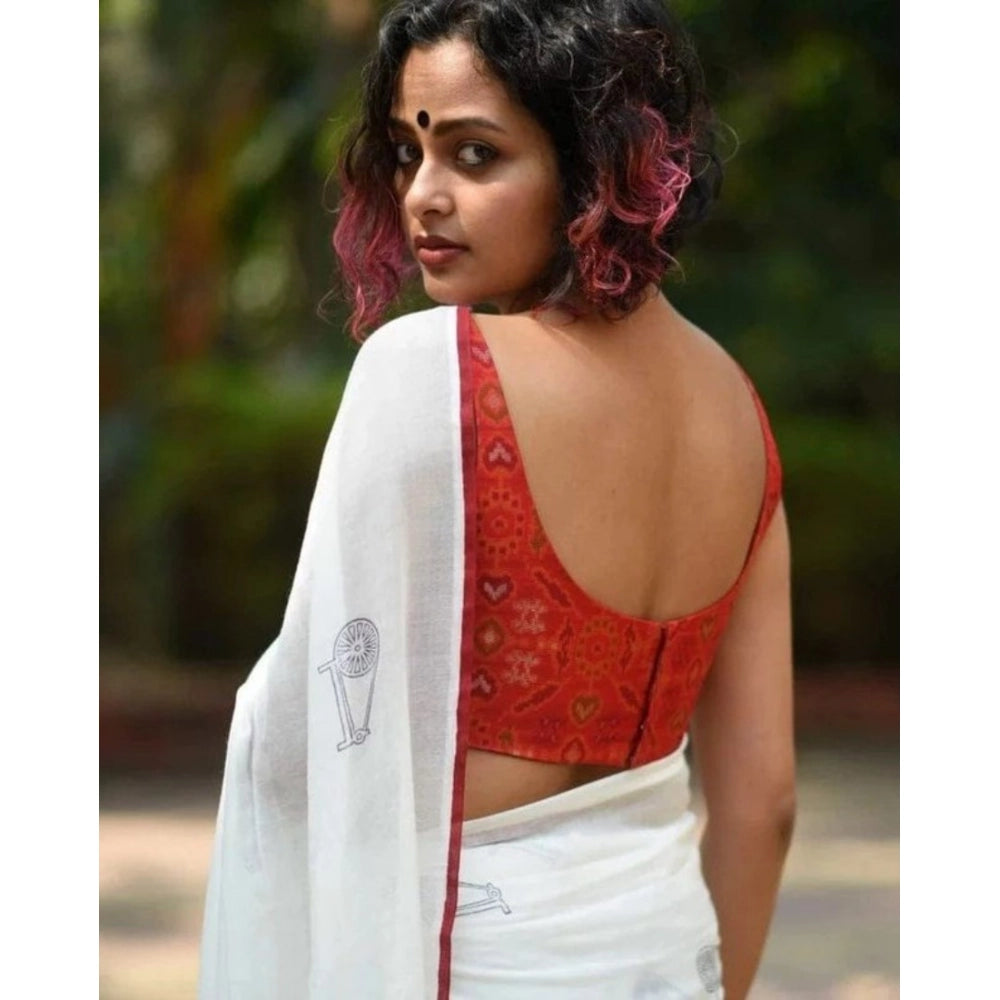 Generic Women's Linen Printed Saree With Unstitched Blouse 5.5MtrÂ (White)