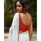 Generic Women's Linen Printed Saree With Unstitched Blouse 5.5MtrÂ (White)