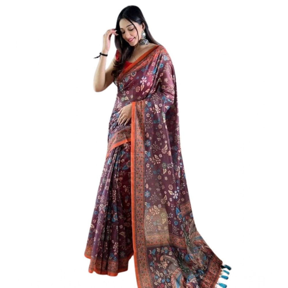 Generic Women's Linen Printed Saree With Unstitched Blouse 5.5MtrÂ (Brown)