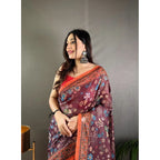 Generic Women's Linen Printed Saree With Unstitched Blouse 5.5MtrÂ (Brown)
