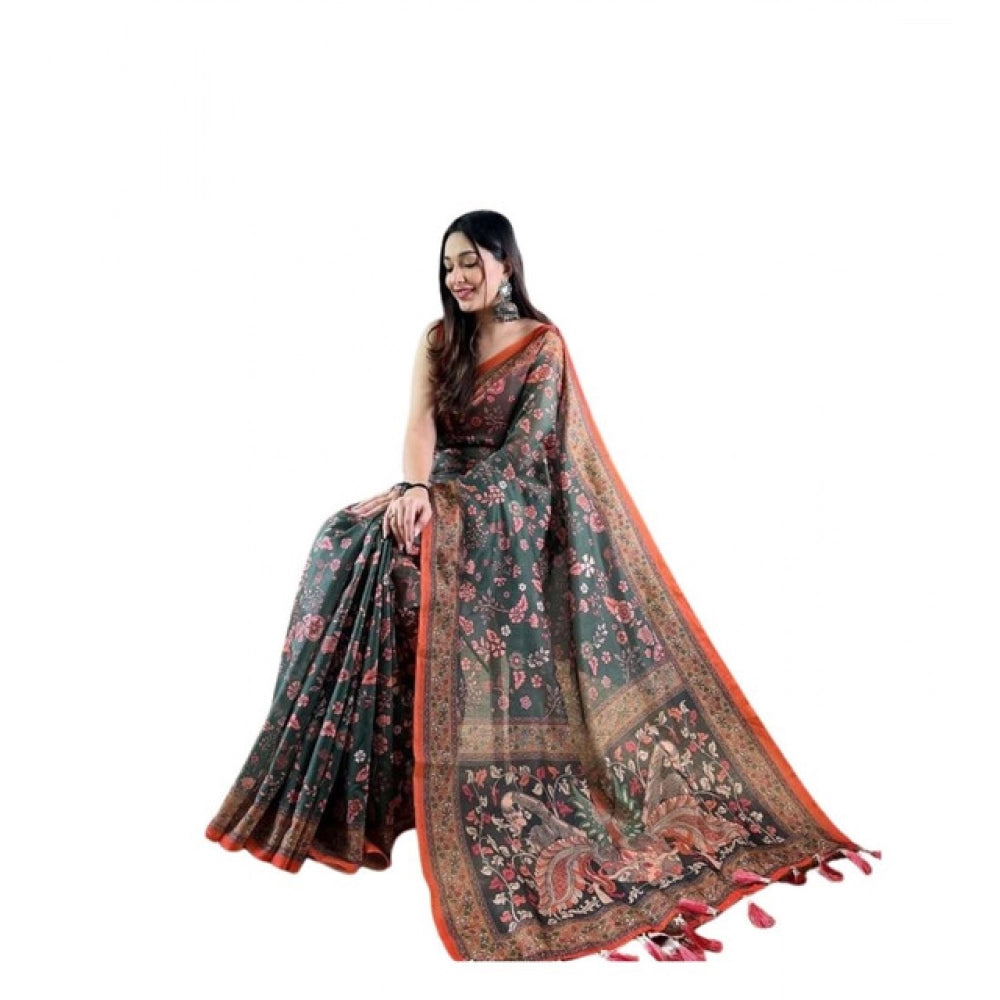 Generic Women's Linen Printed Saree With Unstitched Blouse 5.5MtrÂ (Green)