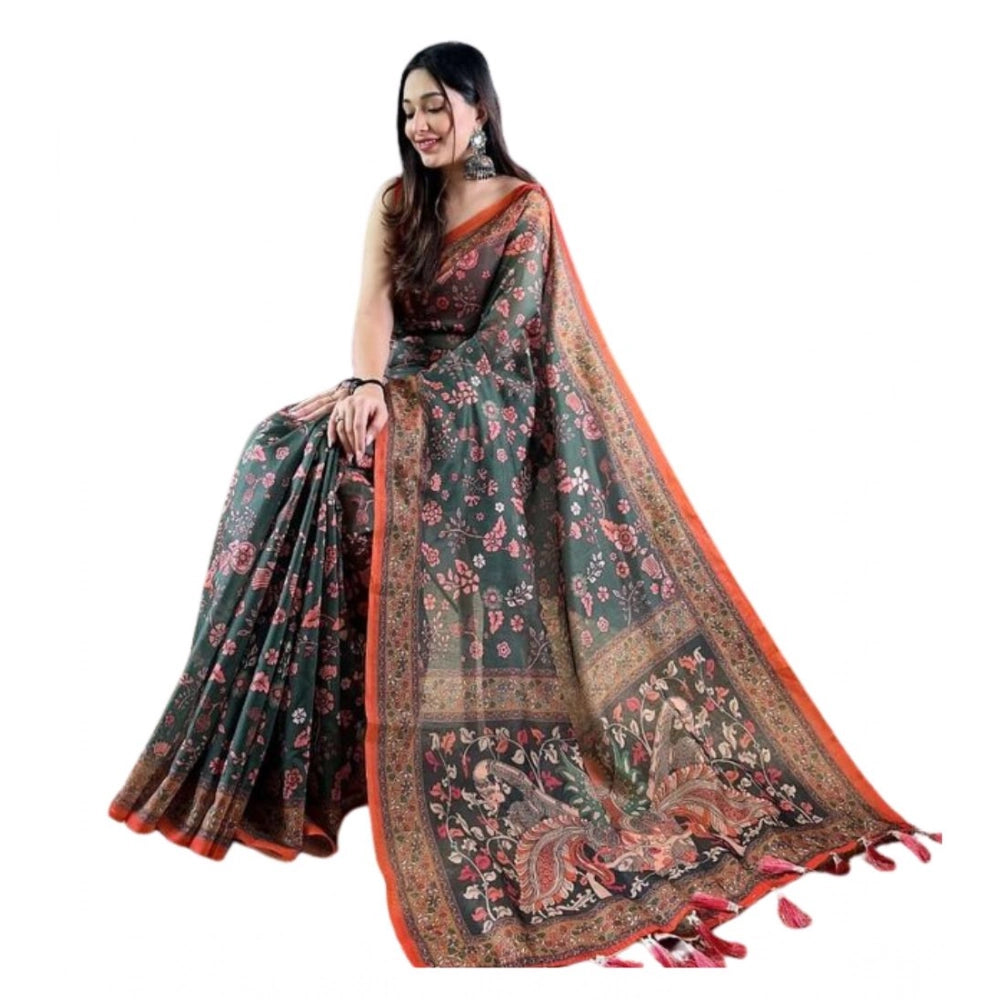 Generic Women's Linen Printed Saree With Unstitched Blouse 5.5MtrÂ (Green)