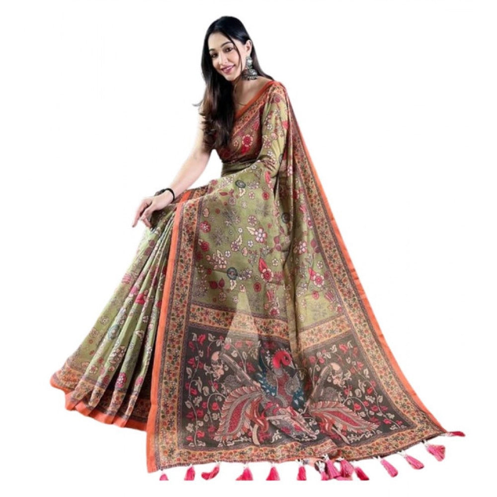 Generic Women's Linen Printed Saree With Unstitched Blouse 5.5MtrÂ (Sea Green)