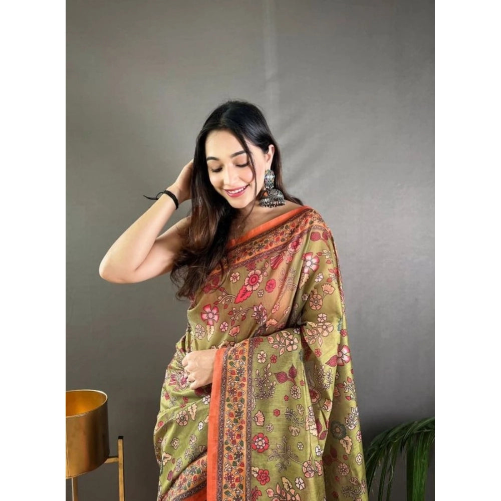 Generic Women's Linen Printed Saree With Unstitched Blouse 5.5MtrÂ (Sea Green)
