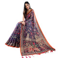  Women's Linen Printed Saree With Unstitched Blouse 5.5MtrÂ (Blue)