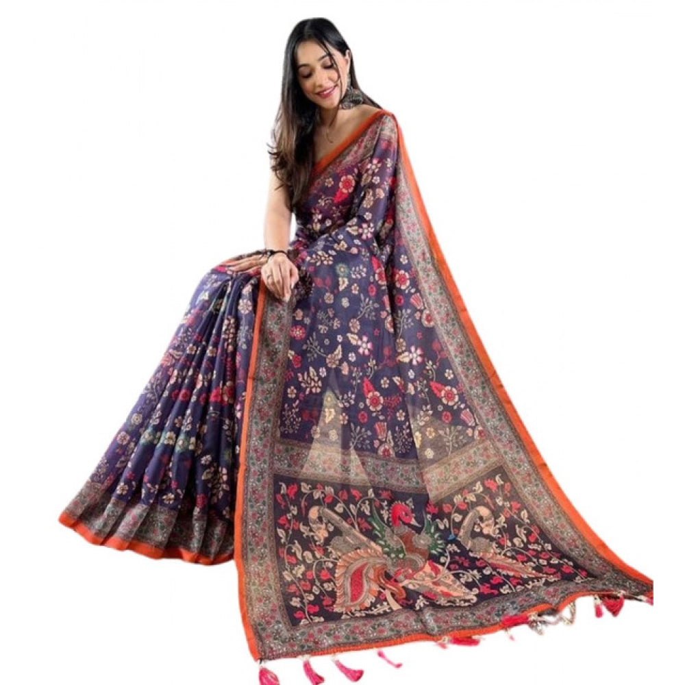Generic Women's Linen Printed Saree With Unstitched Blouse 5.5MtrÂ (Blue)