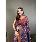 Generic Women's Linen Printed Saree With Unstitched Blouse 5.5MtrÂ (Blue)