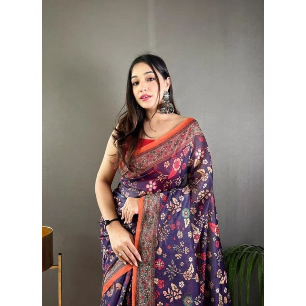 Generic Women's Linen Printed Saree With Unstitched Blouse 5.5MtrÂ (Blue)