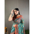 Generic Women's Linen Printed Saree With Unstitched Blouse 5.5MtrÂ (Olive)