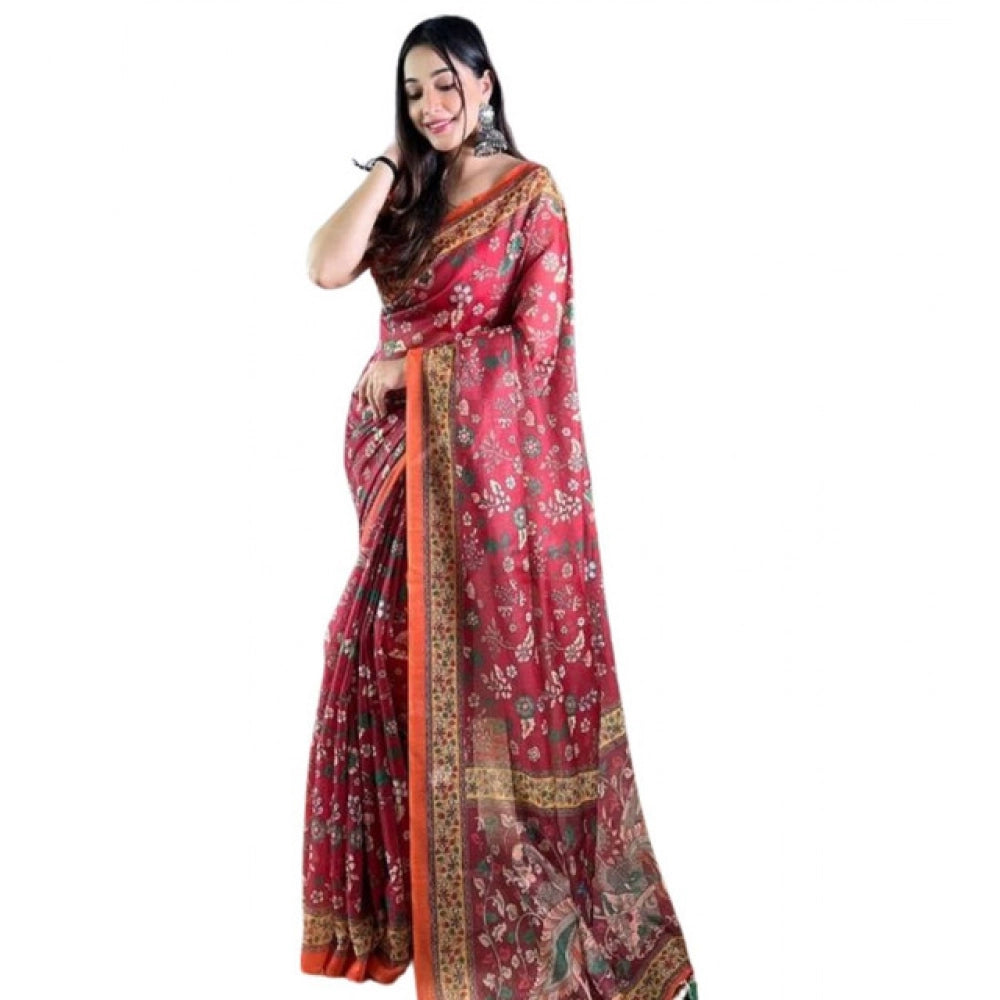Generic Women's Linen Printed Saree With Unstitched Blouse 5.5MtrÂ (Red)
