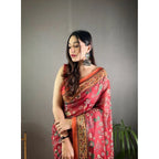 Generic Women's Linen Printed Saree With Unstitched Blouse 5.5MtrÂ (Red)