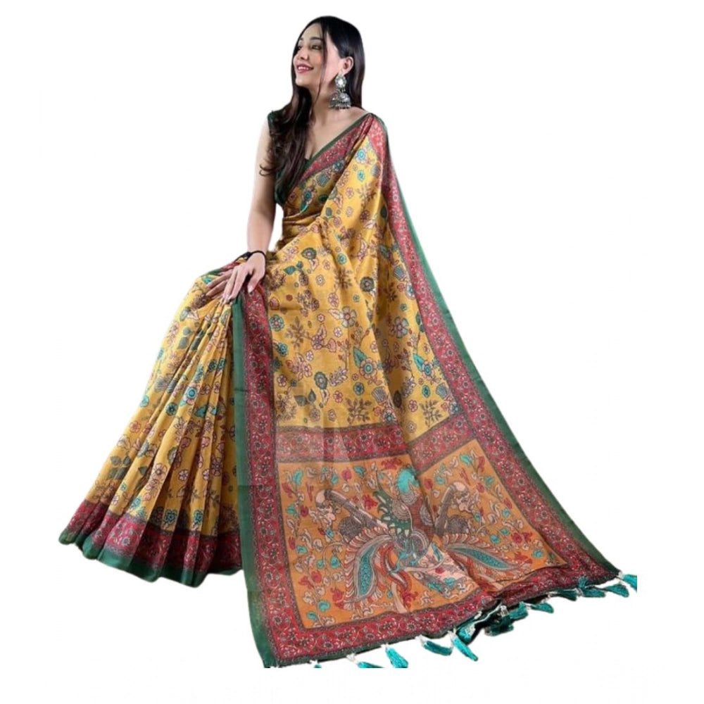 Generic Women's Linen Printed Saree With Unstitched Blouse 5.5MtrÂ (Yellow)