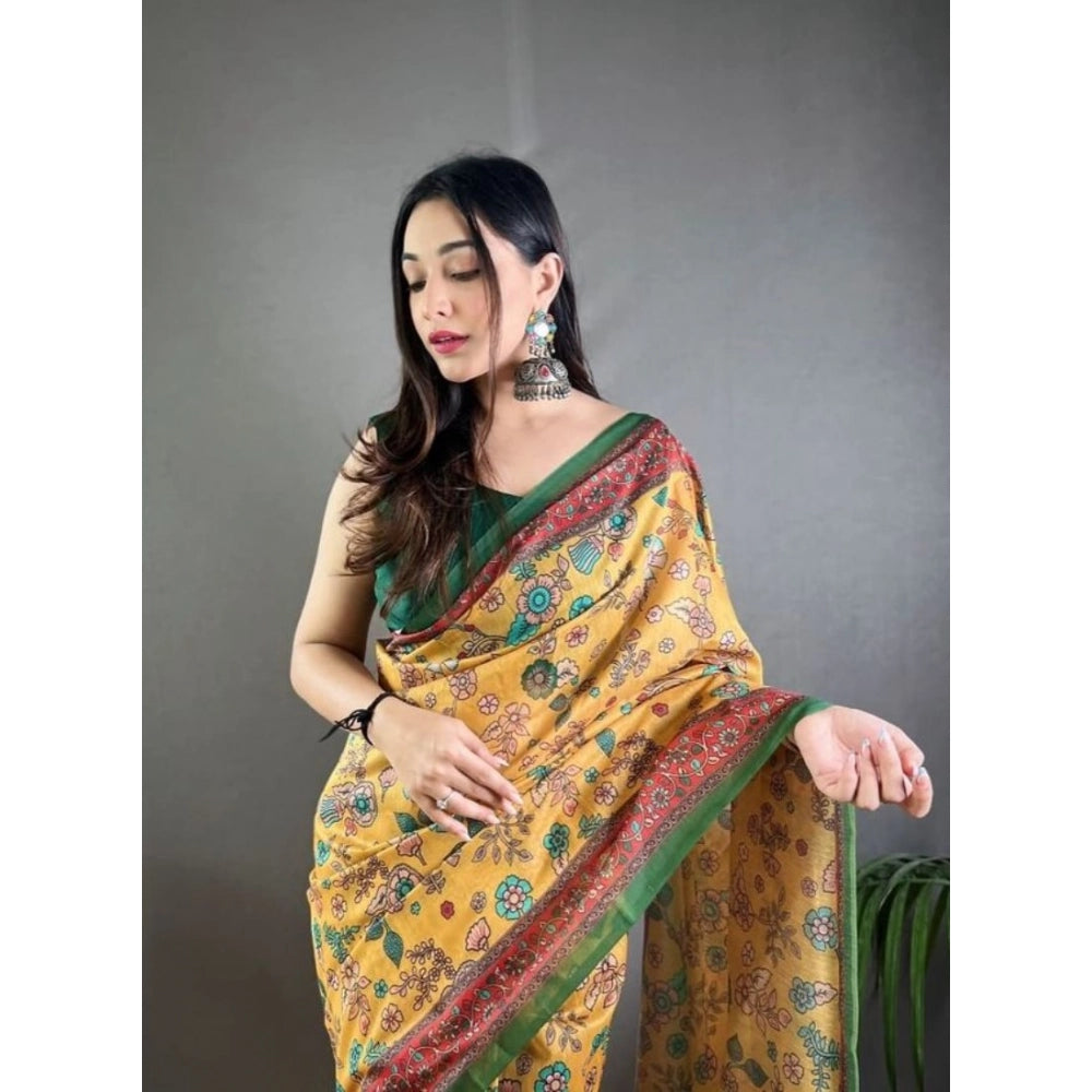 Generic Women's Linen Printed Saree With Unstitched Blouse 5.5MtrÂ (Yellow)