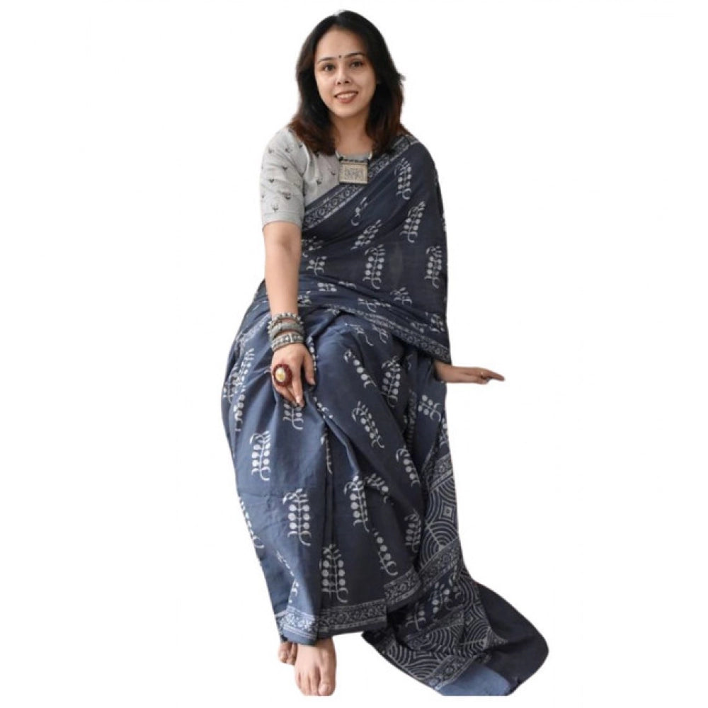 Generic Women's Linen Printed Saree With Unstitched Blouse 5.5MtrÂ (Grey)