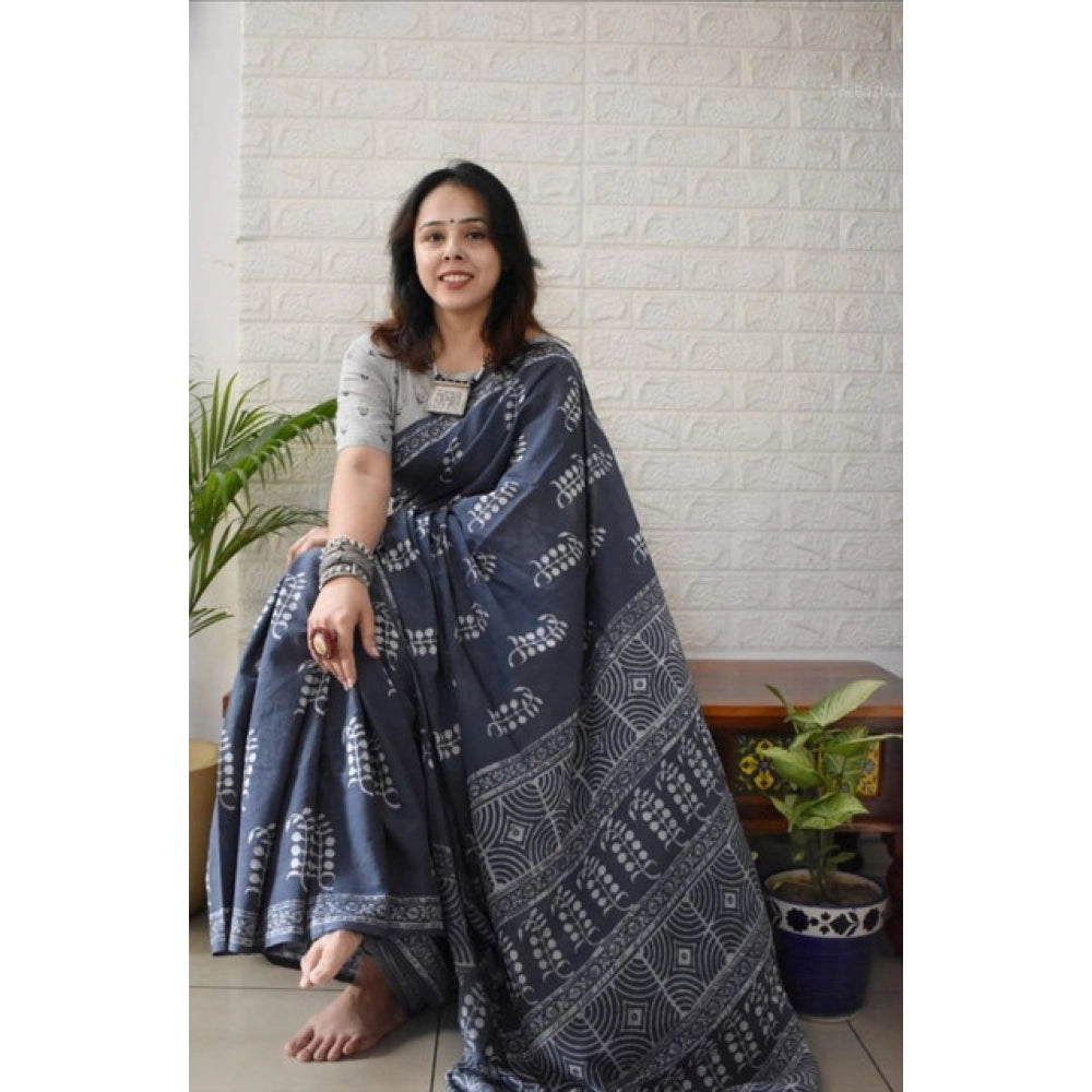 Generic Women's Linen Printed Saree With Unstitched Blouse 5.5MtrÂ (Grey)