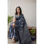 Generic Women's Linen Printed Saree With Unstitched Blouse 5.5MtrÂ (Grey)