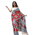 Generic Women's Linen Printed Saree With Unstitched Blouse 5.5MtrÂ (Red)