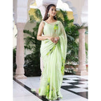 Generic Women's Linen Printed Saree With Unstitched Blouse 5.5MtrÂ (Green)
