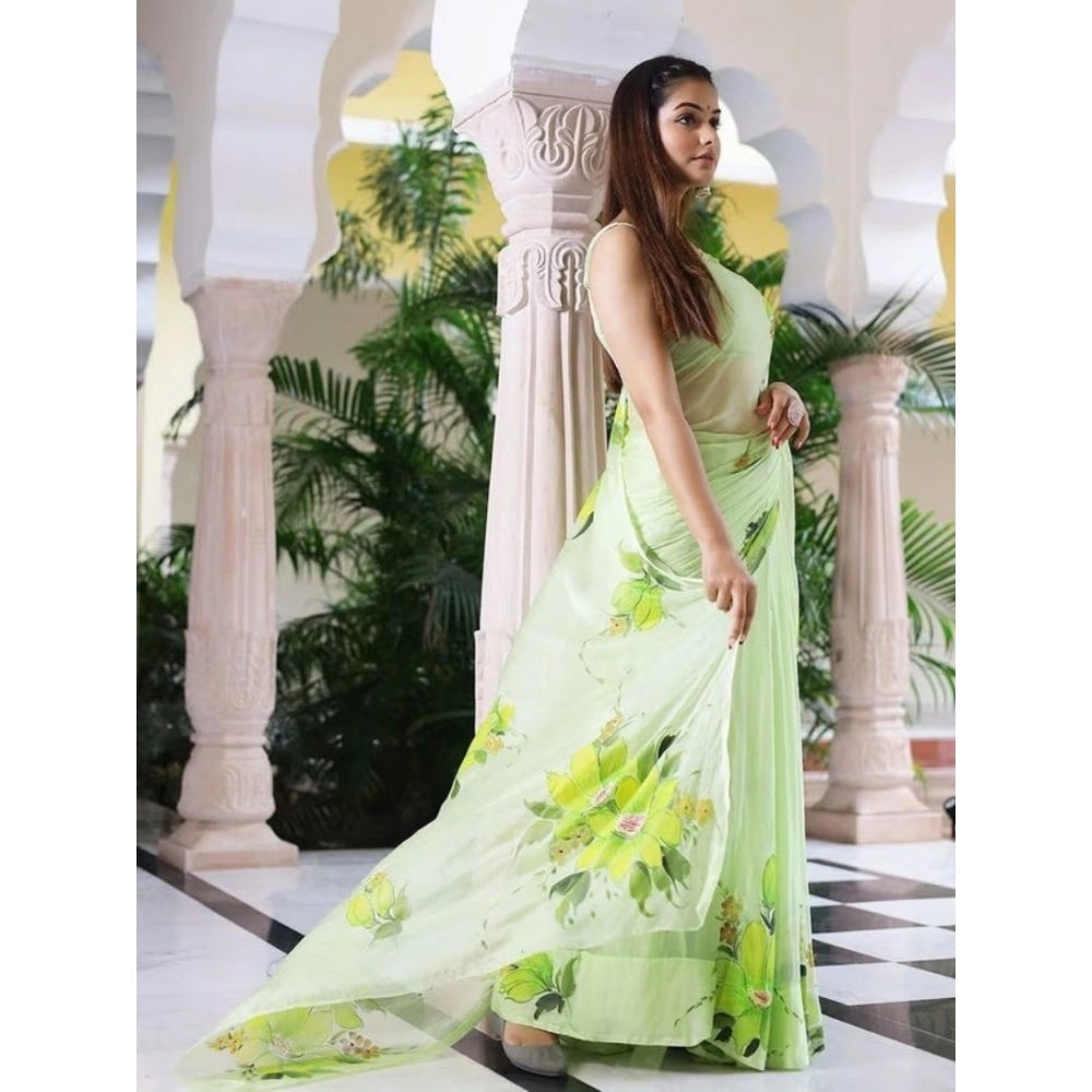 Generic Women's Linen Printed Saree With Unstitched Blouse 5.5MtrÂ (Green)
