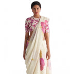 Generic Women's Linen Printed Saree With Unstitched Blouse 5.5MtrÂ (White)