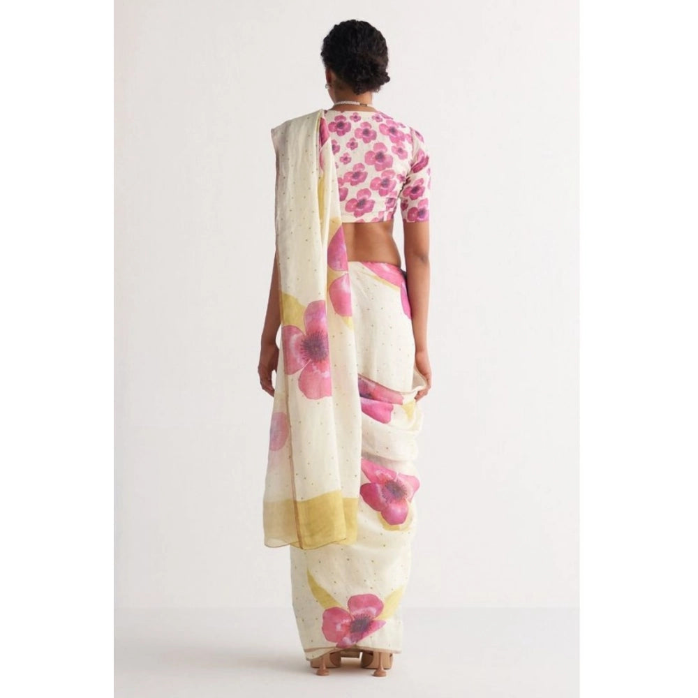Generic Women's Linen Printed Saree With Unstitched Blouse 5.5MtrÂ (White)