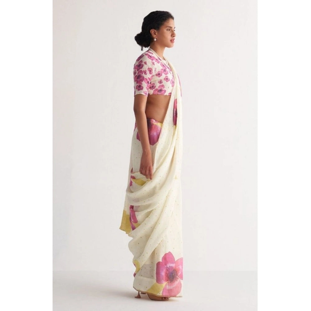 Generic Women's Linen Printed Saree With Unstitched Blouse 5.5MtrÂ (White)