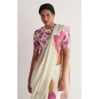 Generic Women's Linen Printed Saree With Unstitched Blouse 5.5MtrÂ (White)
