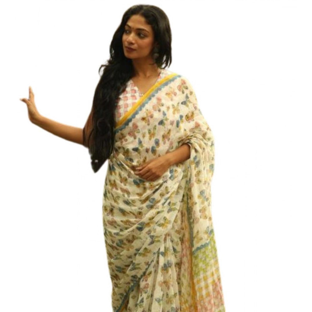Generic Women's Linen Printed Saree With Unstitched Blouse 5.5MtrÂ (White)
