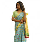 Generic Women's Linen Printed Saree With Unstitched Blouse 5.5MtrÂ (Blue)