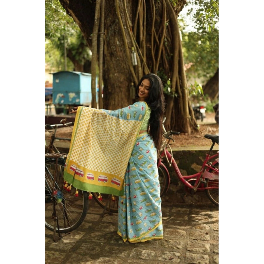 Generic Women's Linen Printed Saree With Unstitched Blouse 5.5MtrÂ (Blue)